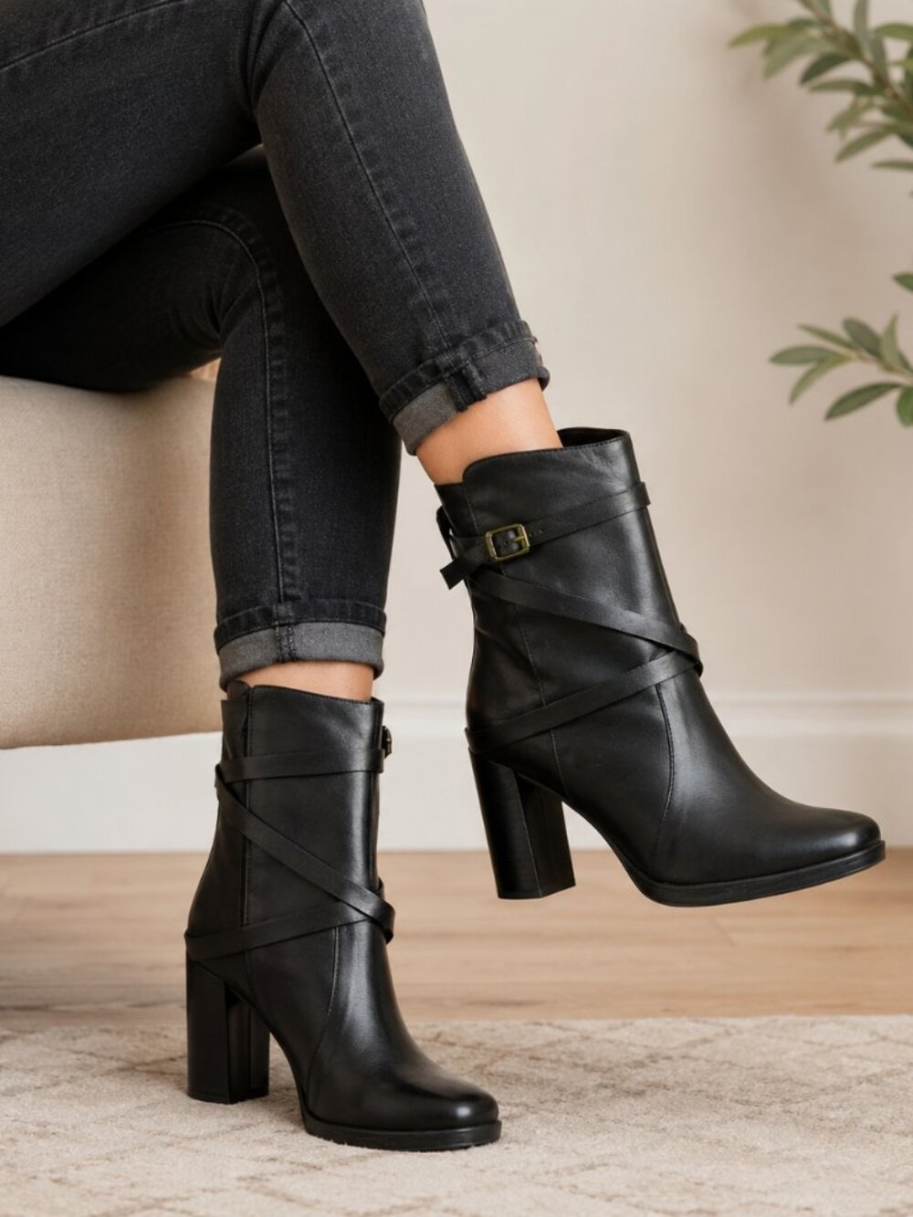 Franco Sarto Novella Black Leather Wrap Strap Ankle Boots, Size 7M